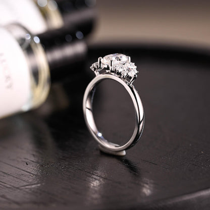 Solid Gold Side Cluster Oval Cut Moissanite Engagement Ring, High Profile Wedding Ring
