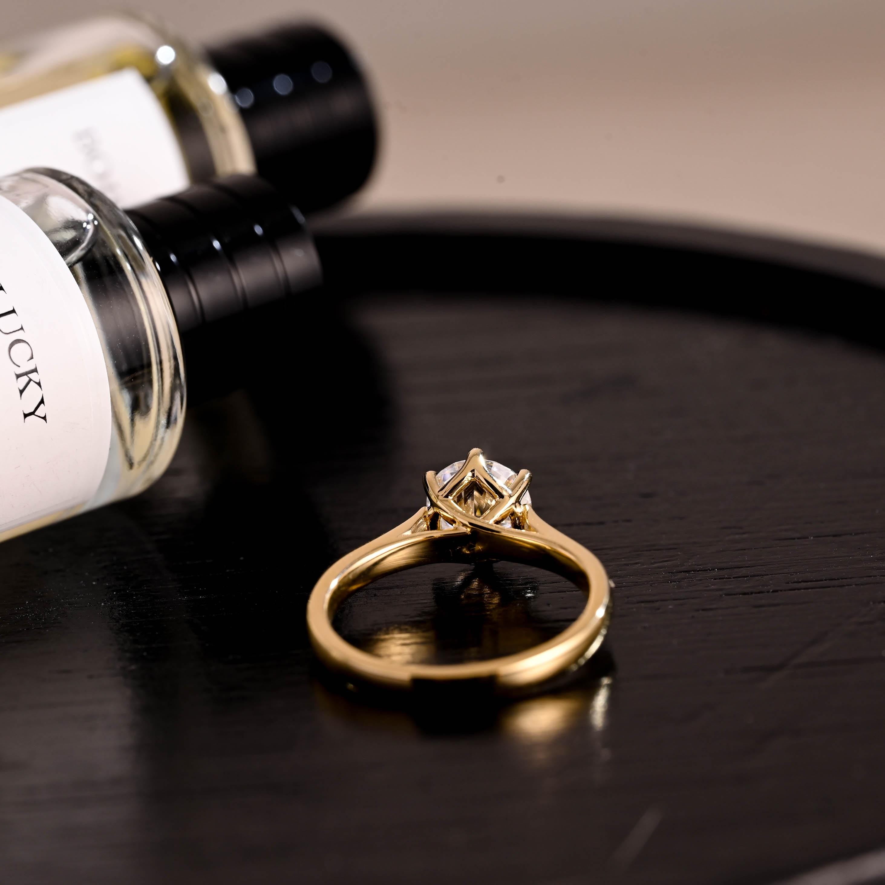 Solid Gold Round Cut Moissanite Engagement Ring, Floral Cathedral Setting Moissanite Anniversary Ring