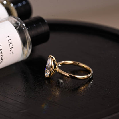 Solid Gold Solitaire Marquise Cut Moissanite Engagement Ring, Two Prongs Setting