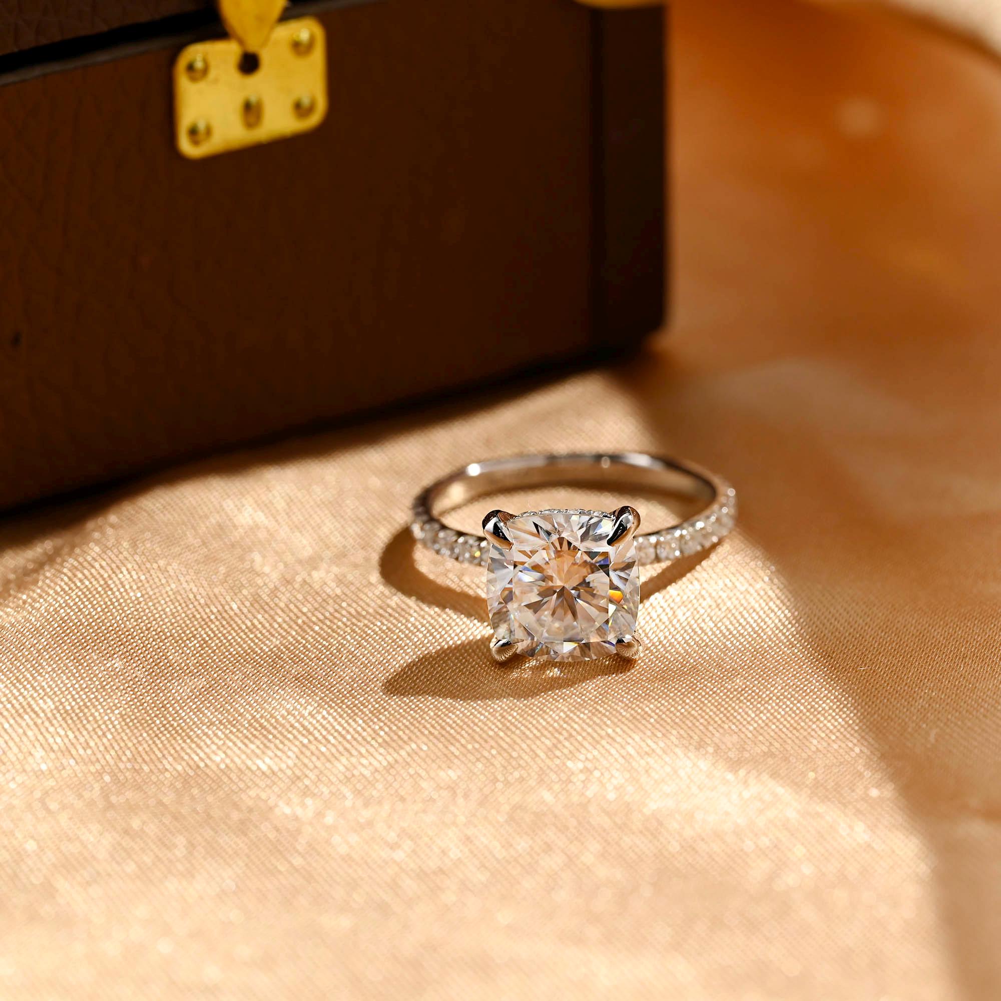 Prong Pave Cushion Cut Moissanite Engagement Ring, Hidden Halo Cushion Cut Wedding Ring, Half Pave Anniversary Ring for Her, Moissanite Gift