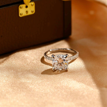 Prong Pave Cushion Cut Moissanite Engagement Ring, Hidden Halo Cushion Cut Wedding Ring, Half Pave Anniversary Ring for Her, Moissanite Gift