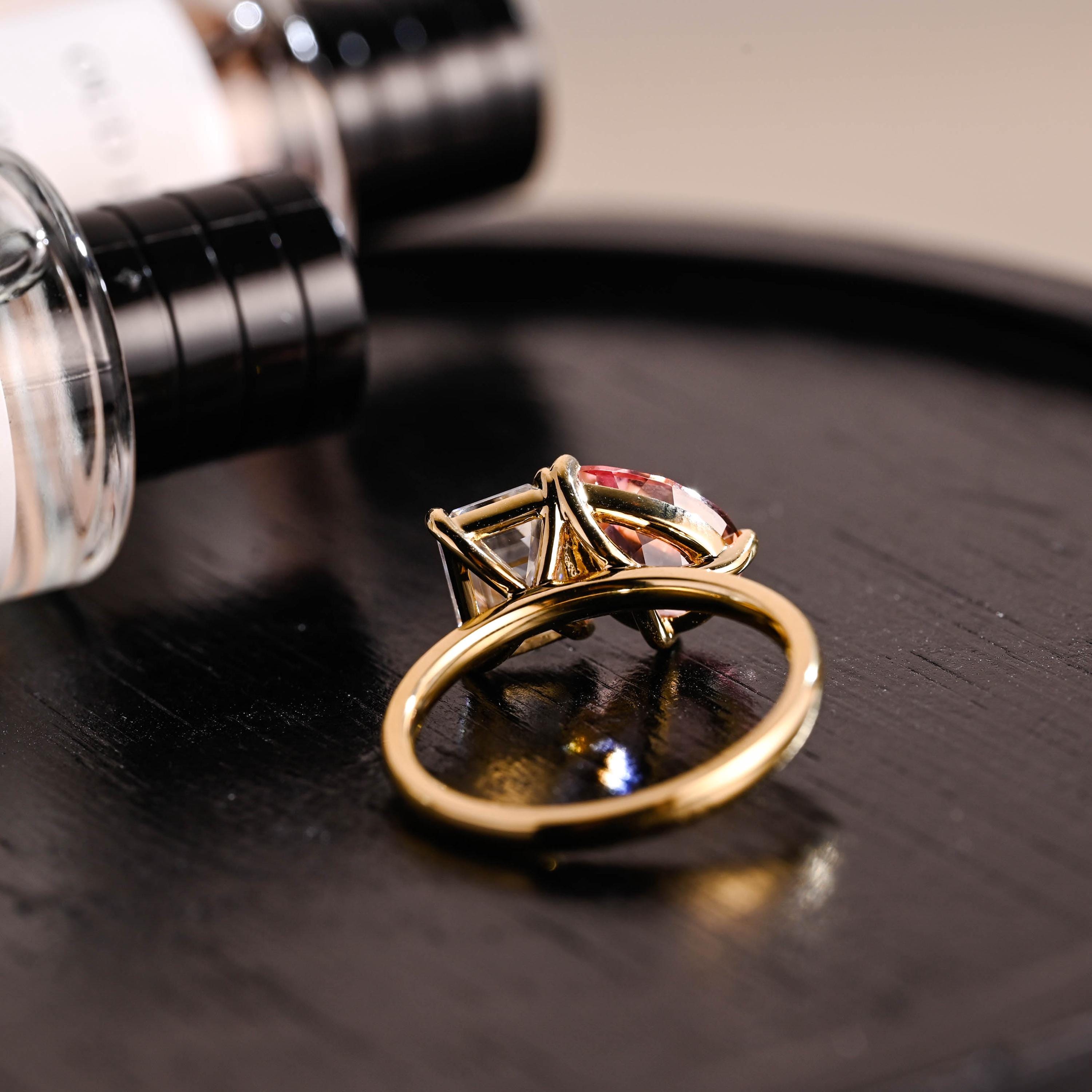 Solid Gold Pear Cut Lab Grown Pink Sapphire Toi et Moi Ring, Memorial Two Stone Engagement Ring