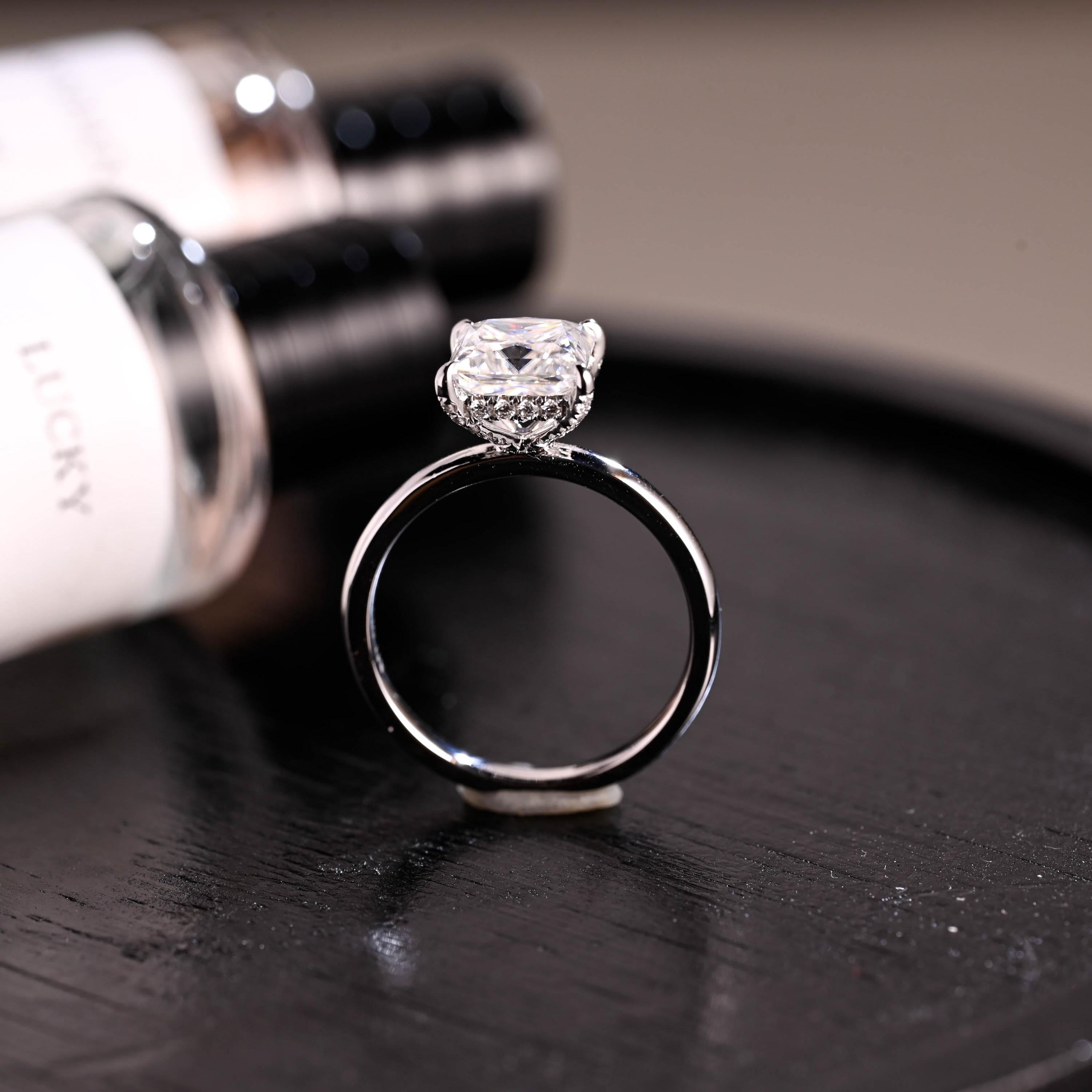 Solid Gold Princess Cut Moissanite Engagement Ring, 4 Prongs Pave Hidden Halo Wedding Ring