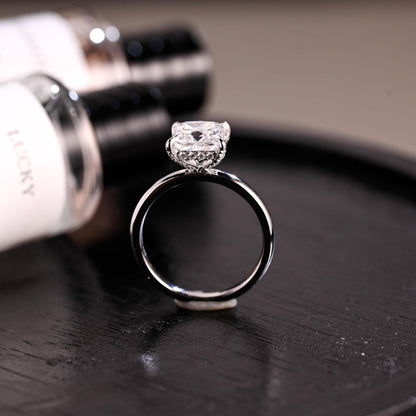 Solid Gold Princess Cut Moissanite Engagement Ring, 4 Prongs Pave Hidden Halo Wedding Ring