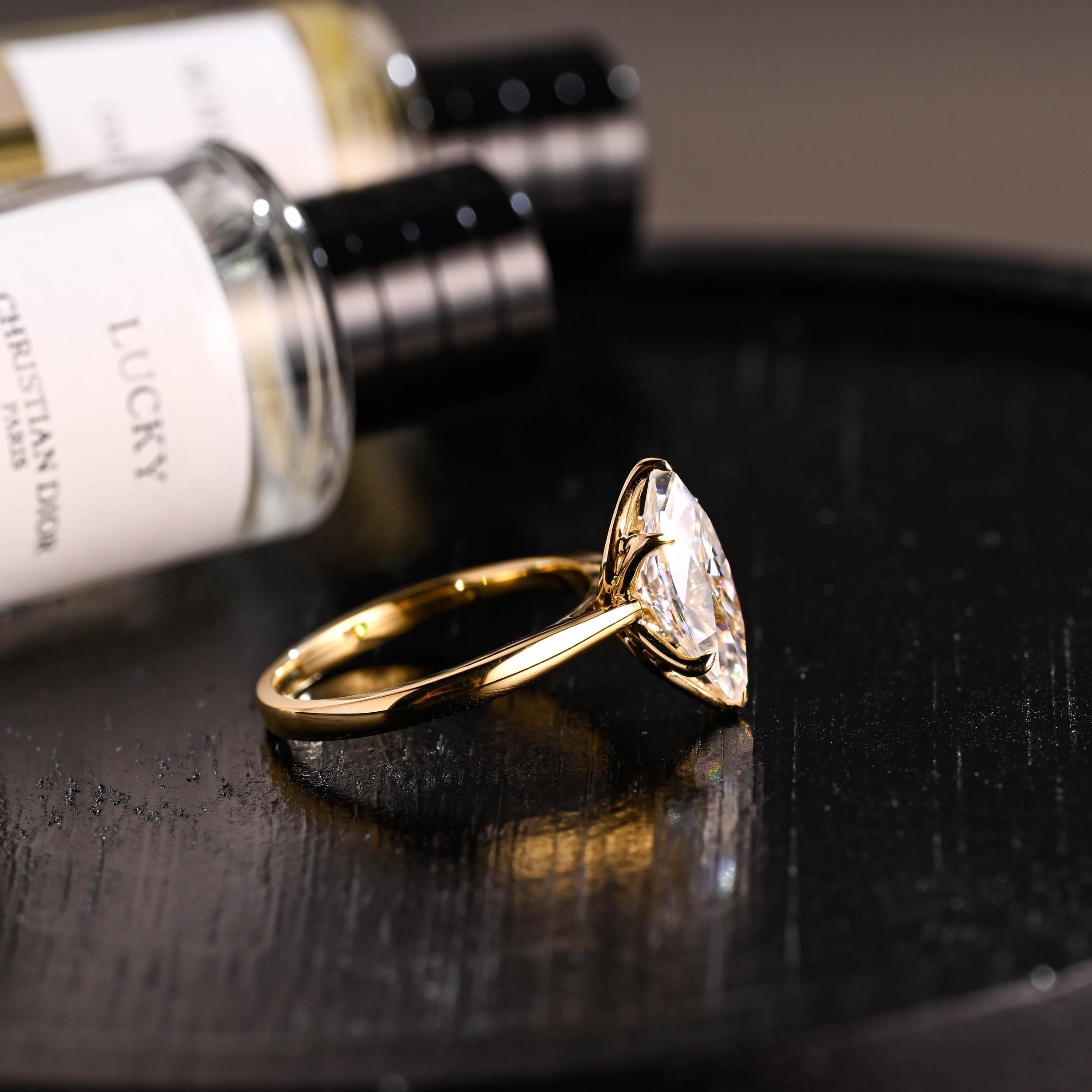 Tulip Set Solitaire Marquise Cut Moissanite Engagement Ring, Solid Gold Cathedral Setting Ring