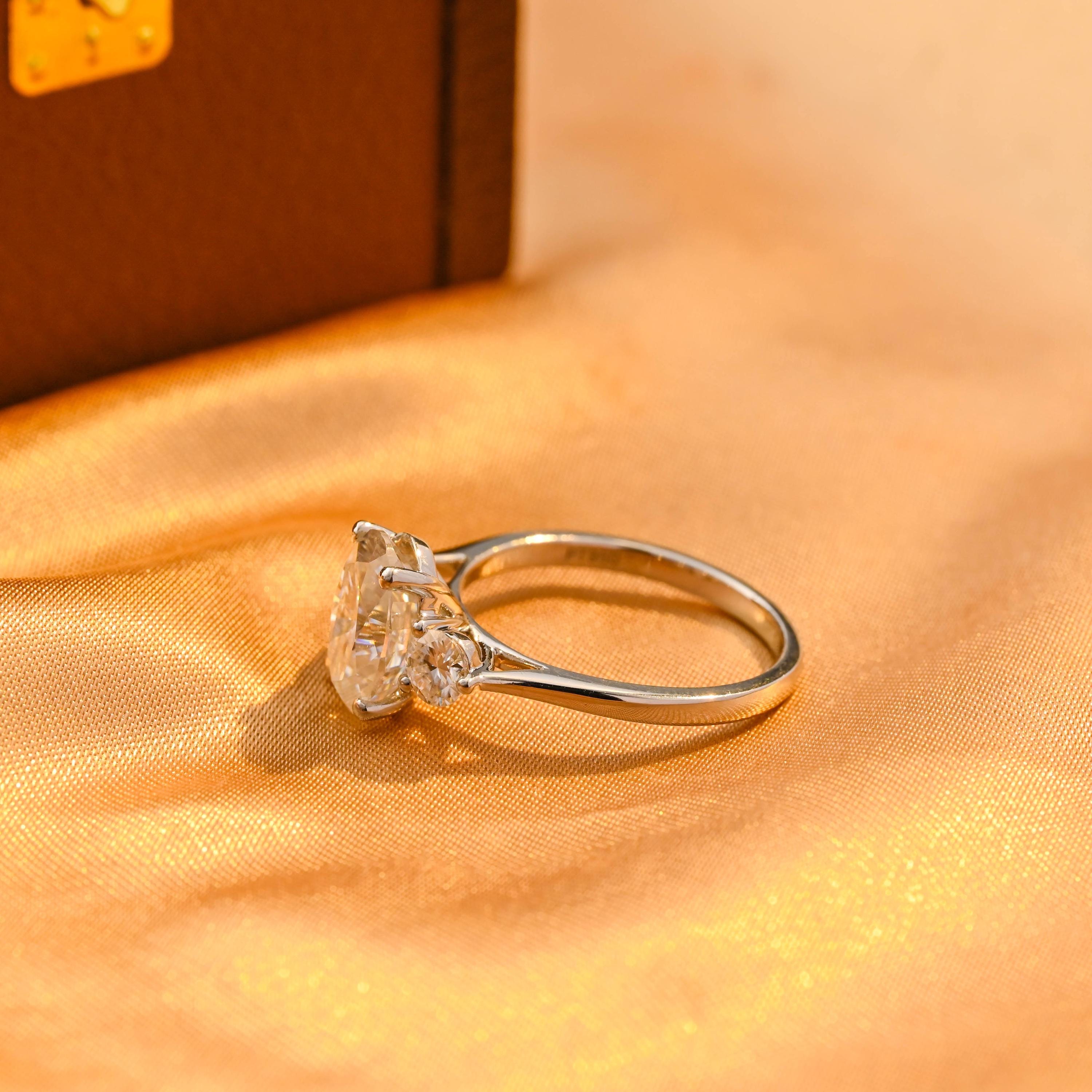 Solid Gold Cathedral Setting Oval Cut Moissanite Engagement Ring, Three Stone Wedding Ring