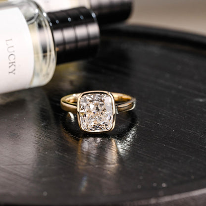 Solid Gold Bezel Elongated Cushion Cut Moissanite Engagement Ring, Proposal Ring, Promise Ring