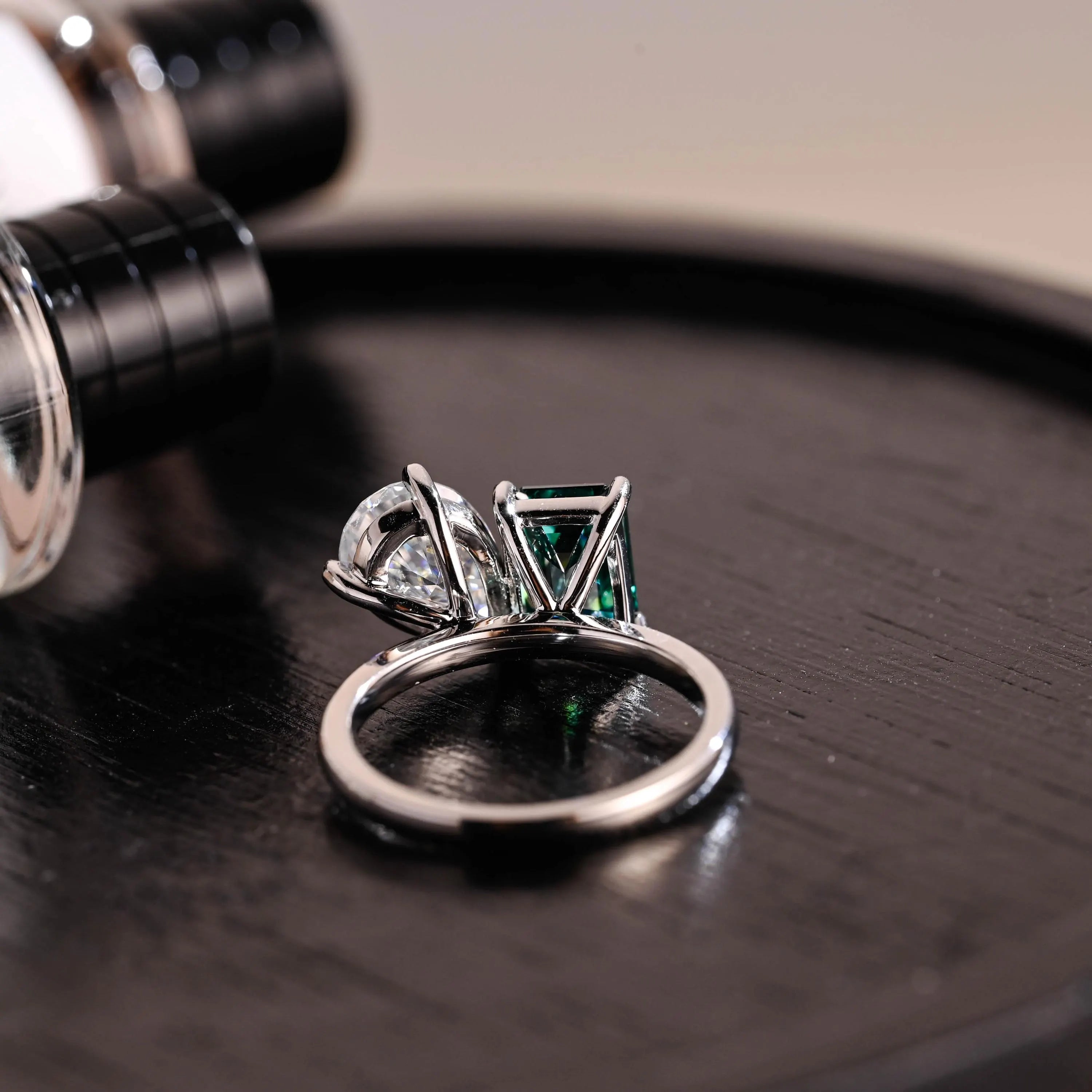 Solid Gold Pear Cut Toi et Moi Moissanite Engagement Ring, Green Moissanite Two Stone Ring