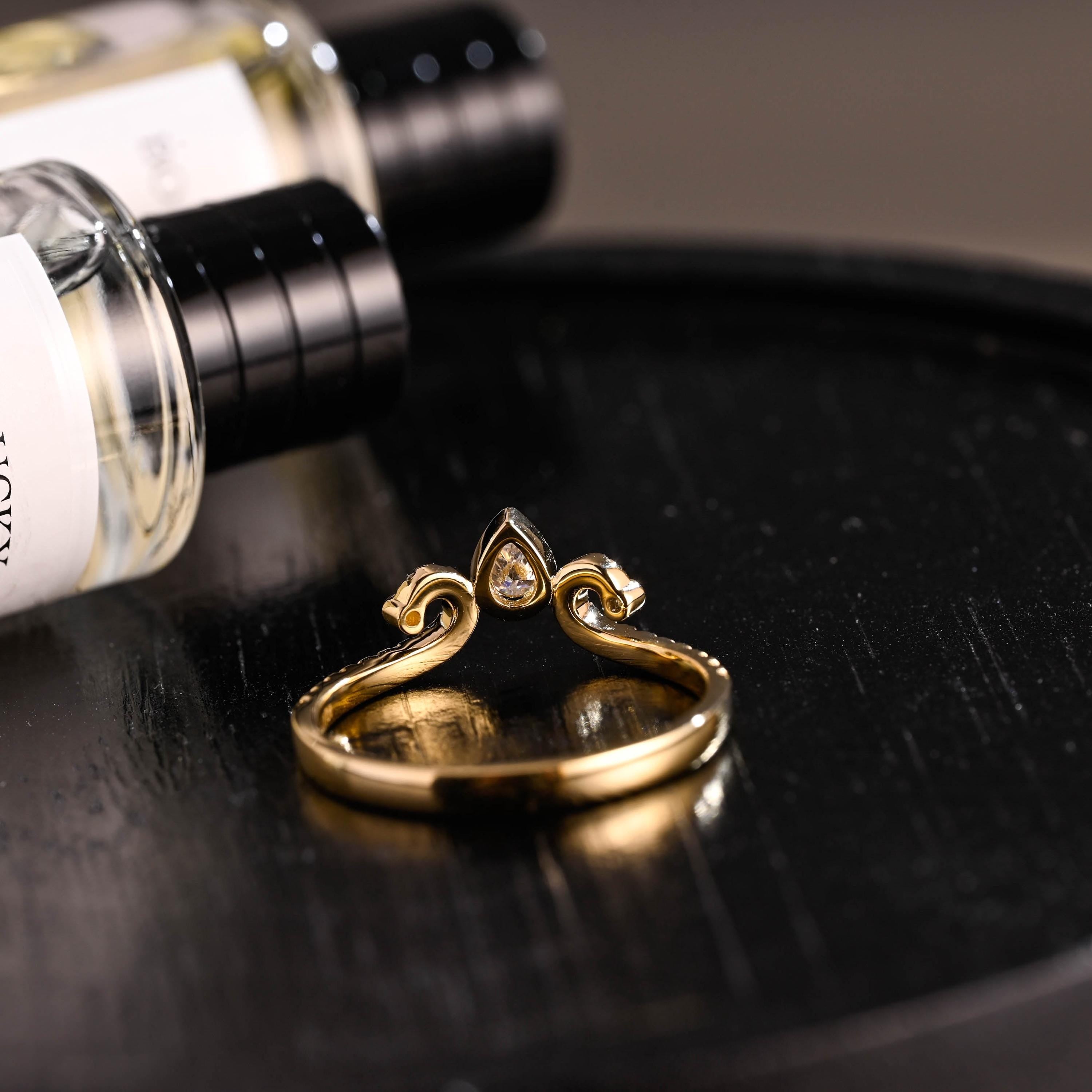 Curved Solid Gold Moissanite Wedding Band, Bezel Nest Anniversary Ring