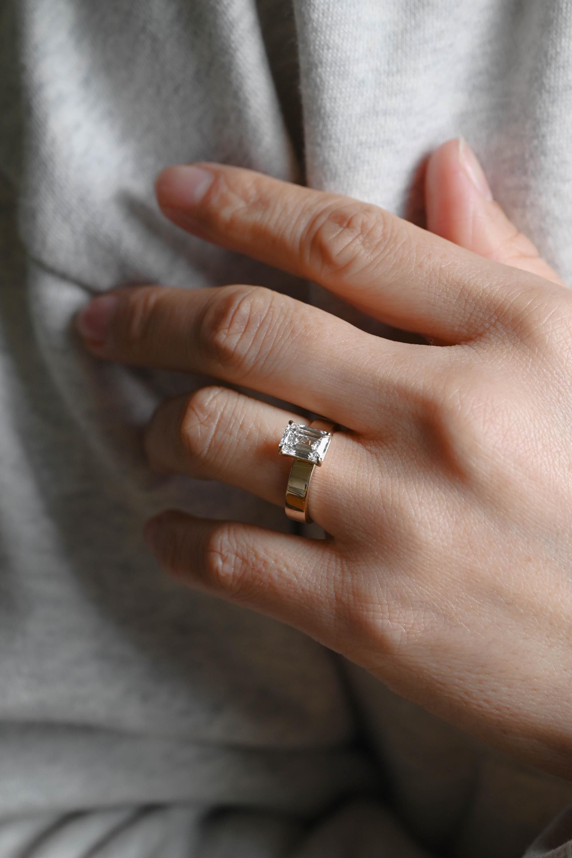 Solid Gold Emerald Cut Moissanite Engagement Ring, 4mm Wide Band Solitaire Ring, Gift for Her