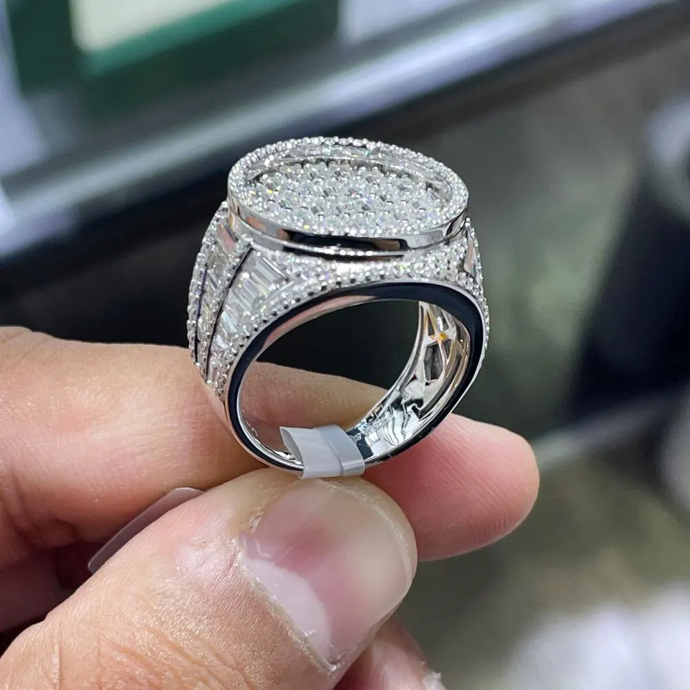 Iced Out Heart Moissanite Ring: Unisex 14K Gold Plated Sterling Silver Baguette Round Hip Hop Moissanite Ring