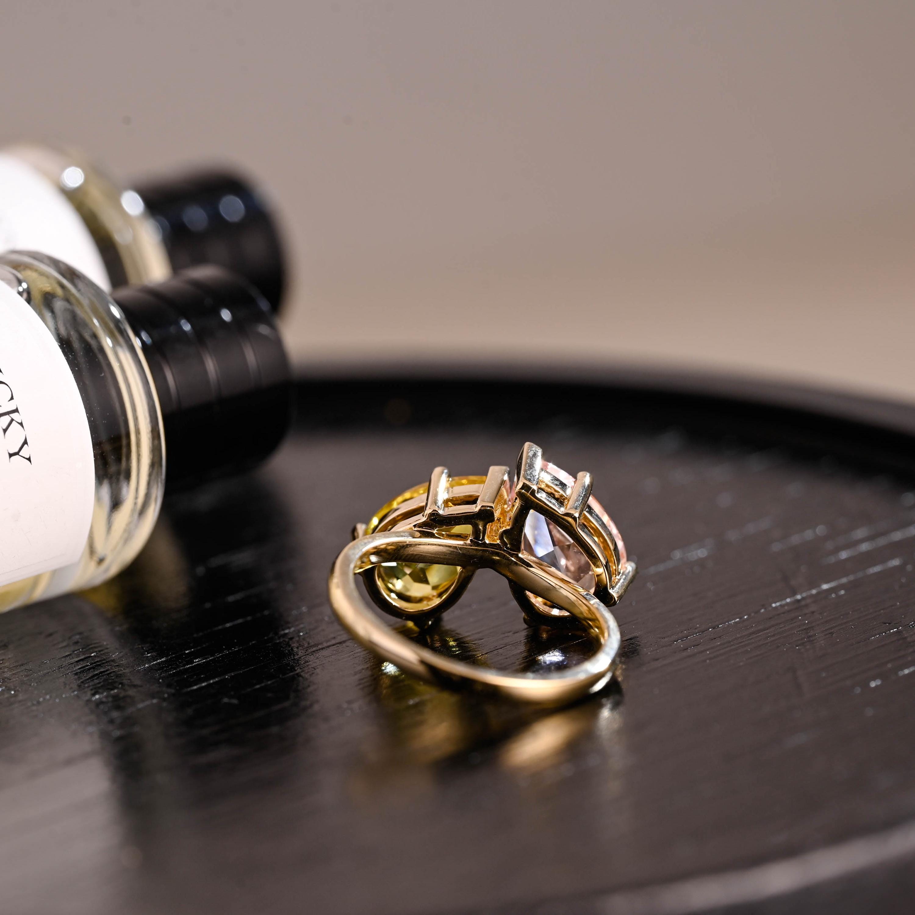 Lab Grown Yellow & Pink Sapphire Toi et Moi Wedding Ring, Solid Gold Two Stone Engagement Ring