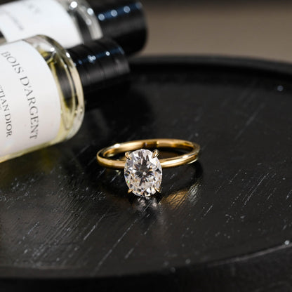 Solid Gold Oval Moissanite Engagement Ring, Hidden Halo Promise Ring