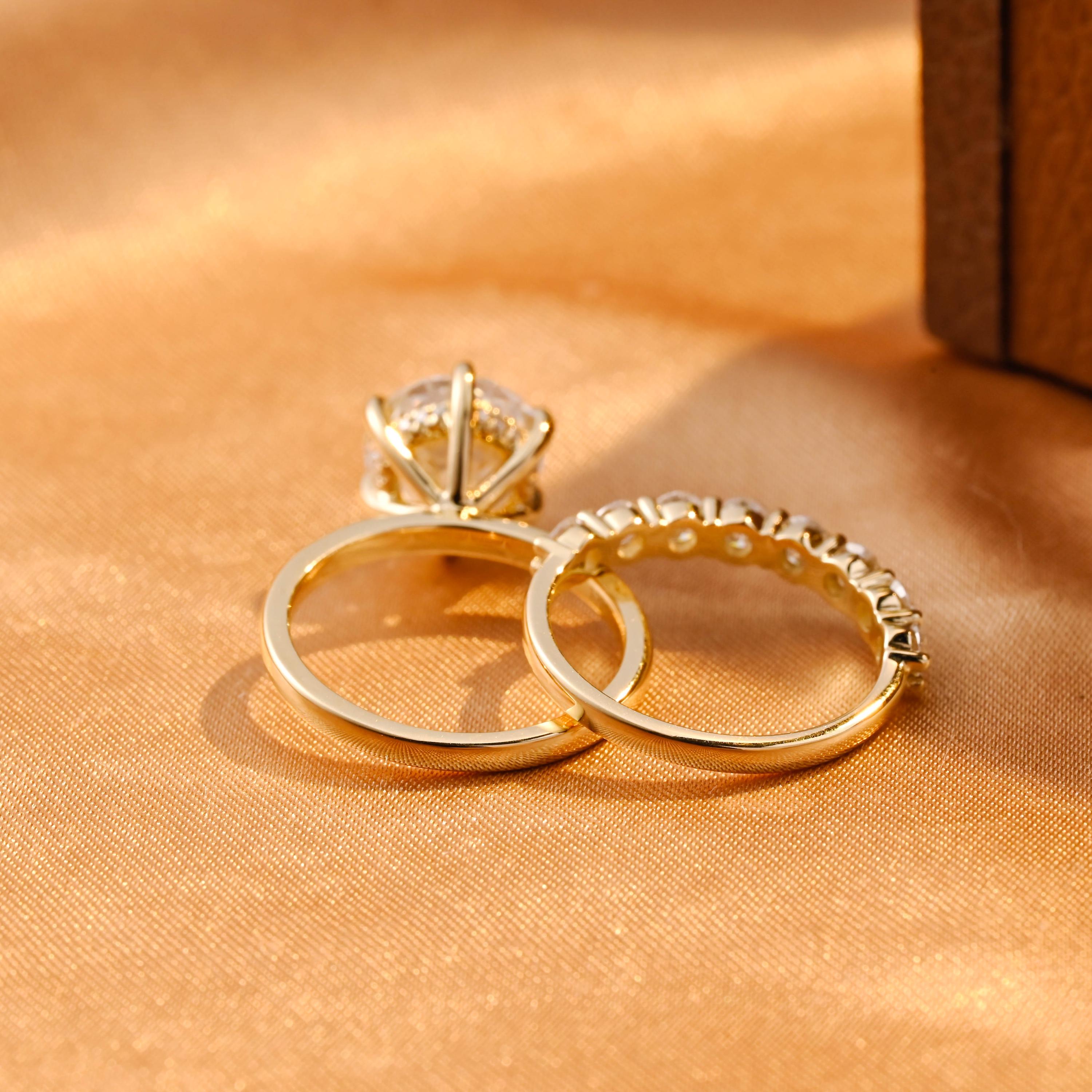 Solid Gold Hidden Halo Round Cut Moissanite Engagement Ring Set, Half Eternity Ring Bridal Set