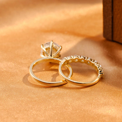 Solid Gold Hidden Halo Round Cut Moissanite Engagement Ring Set, Half Eternity Ring Bridal Set