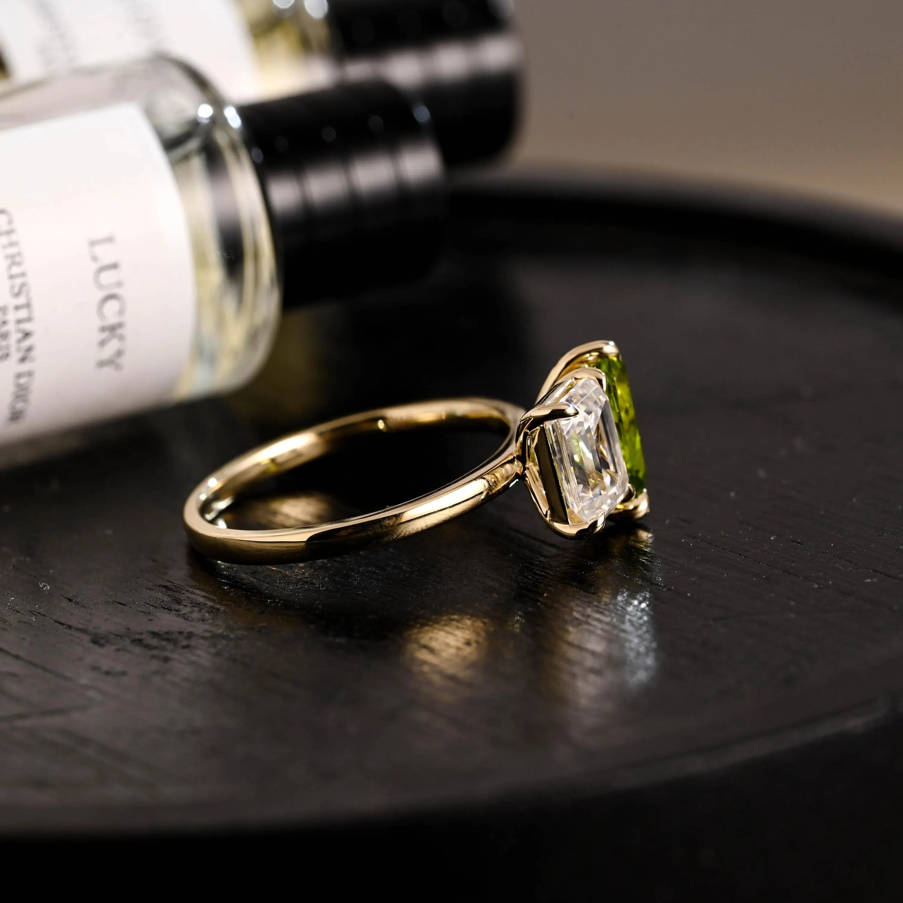 Solid Gold Toi et Moi Emerald Cut Moissanite & Pear Lab Grown Peridot Engagement Ring
