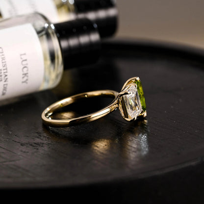Solid Gold Toi et Moi Emerald Cut Moissanite & Pear Lab Grown Peridot Engagement Ring