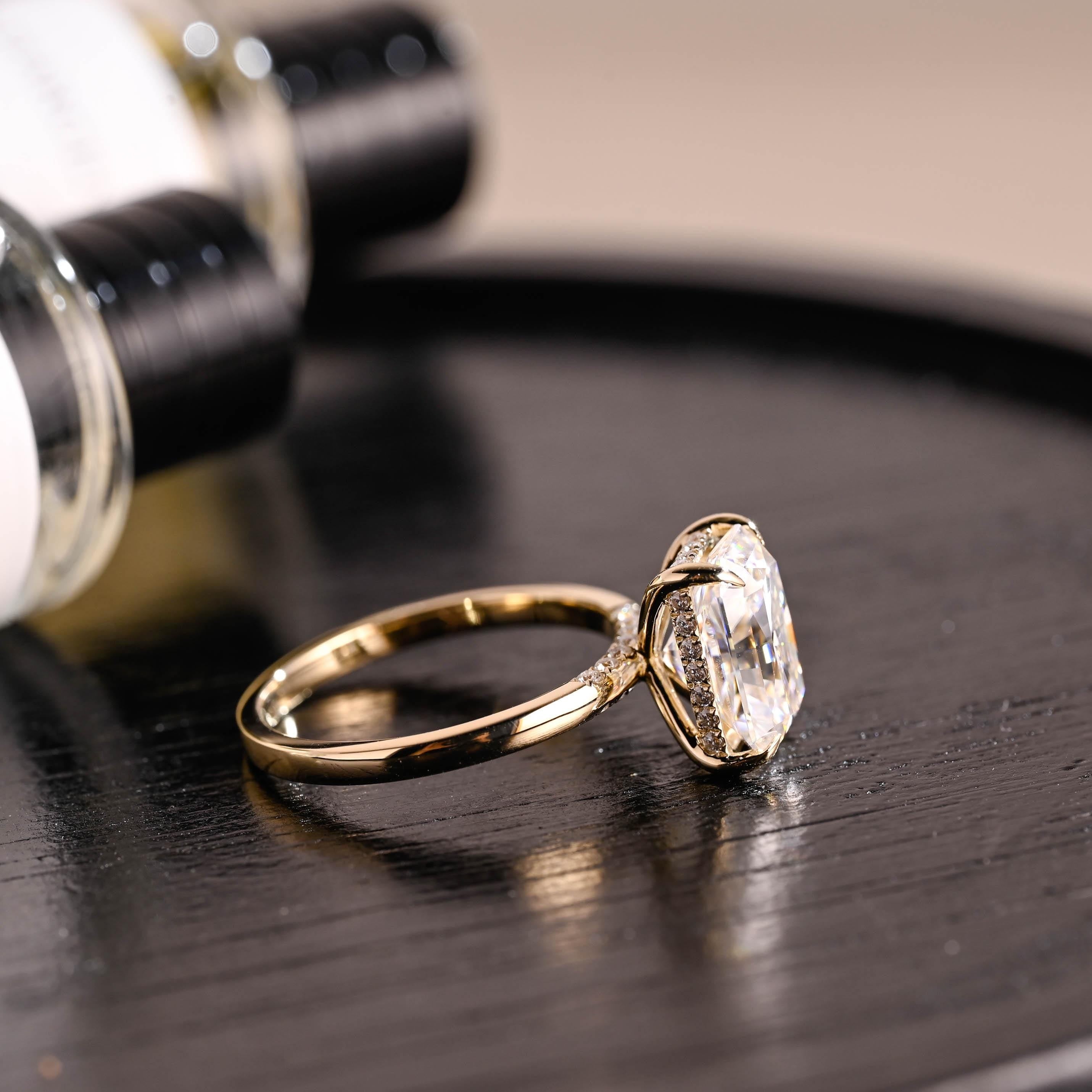 Solid Gold Hidden Halo Radiant Cut Moissanite Engagement Ring, Anniversary Ring for Her