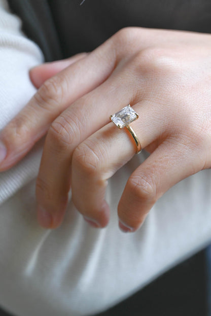 Solid Gold Hidden Halo Emerald Cut Moissanite Engagement Ring, Proposal Ring, Promise Ring, Wedding Ring, Anniversary Gift for Women Wife