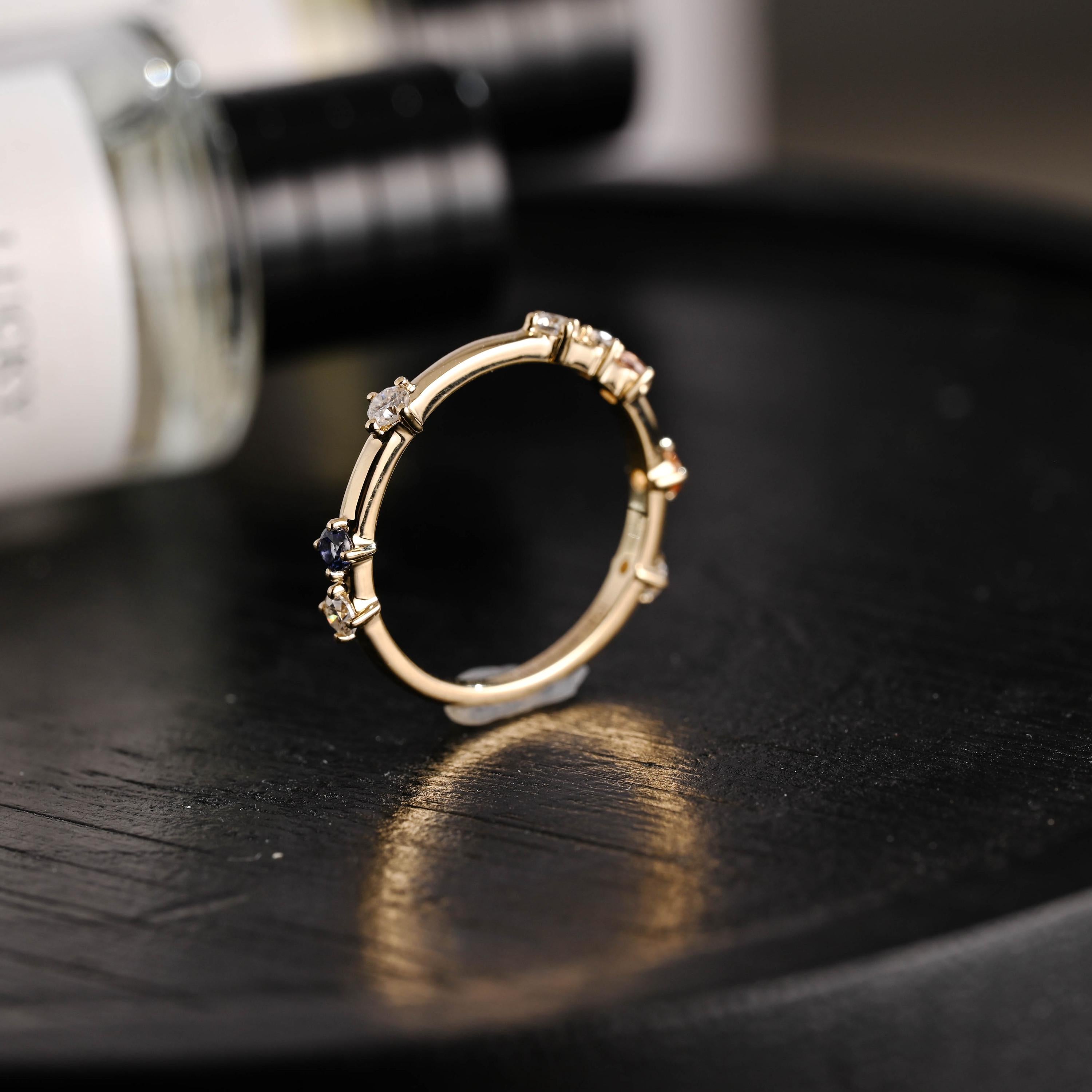 Solid Gold Moissanite Wedding Band, Pink Blue Orange Ring