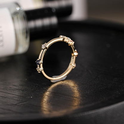 Solid Gold Moissanite Wedding Band, Pink Blue Orange Ring