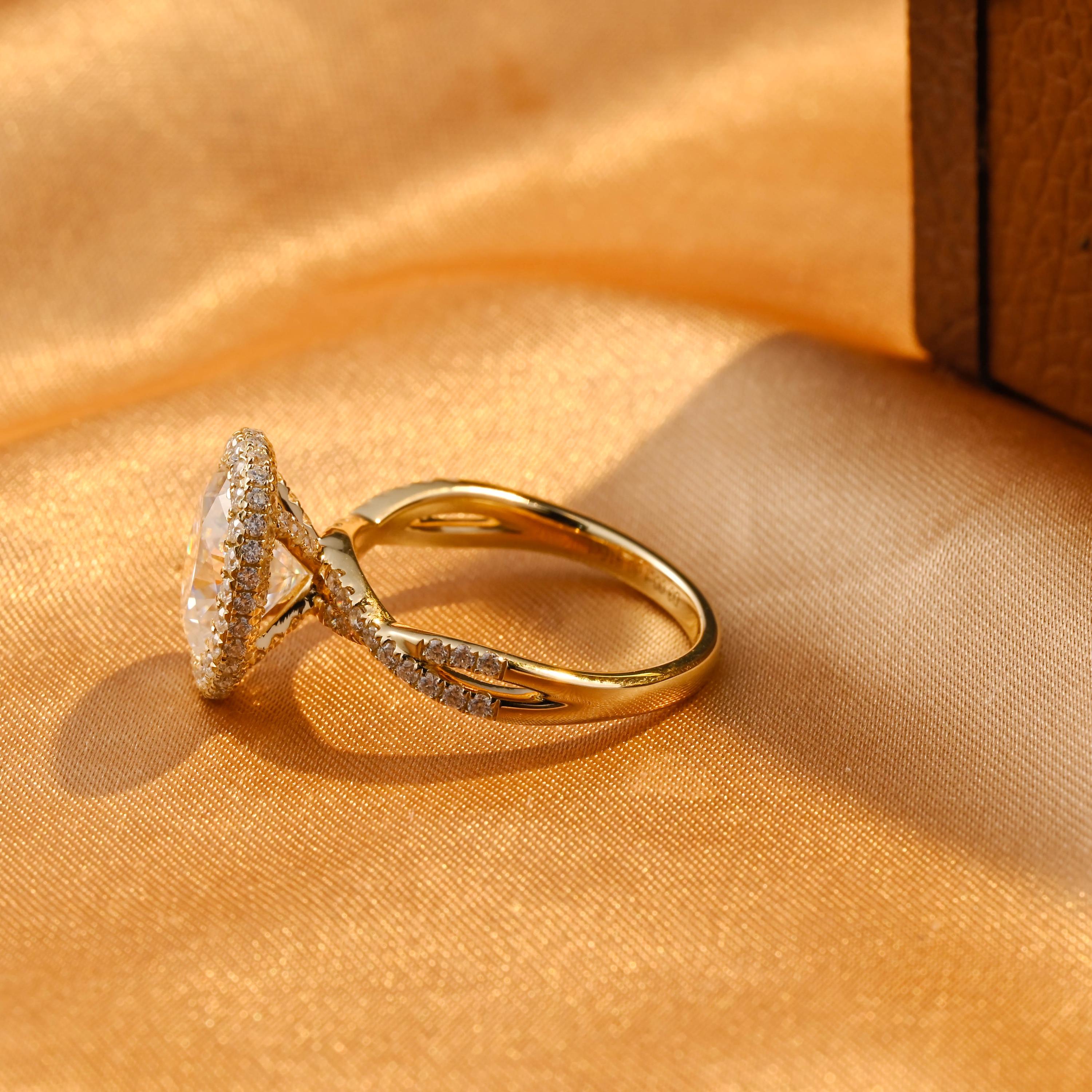 Solid Gold Twisted Band Oval Cut Moissanite Engagement Ring, Halo Wedding Ring