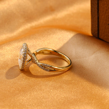 Solid Gold Twisted Band Oval Cut Moissanite Engagement Ring, Halo Wedding Ring