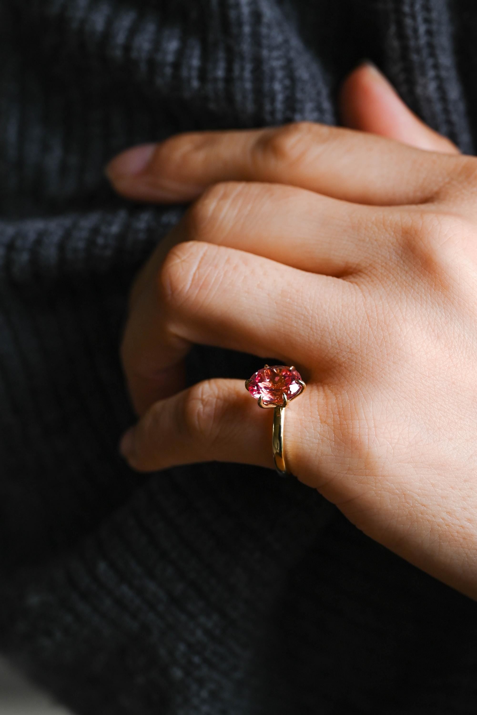Solid Gold Oval Cut Lab Grown Pink Sapphire Engagement Ring, Nature Inspired Ring