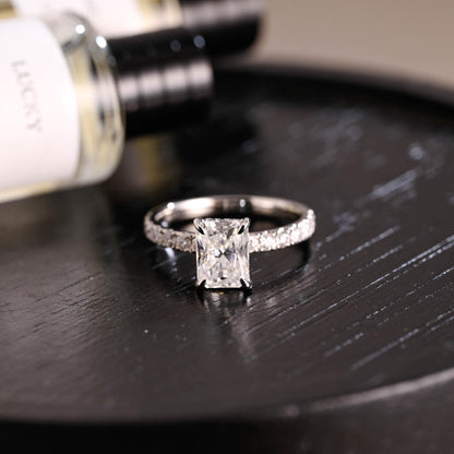 Solid Gold Hidden Halo Radiant Cut Moissanite Engagement Ring, Anniversary Gift for Women Wife