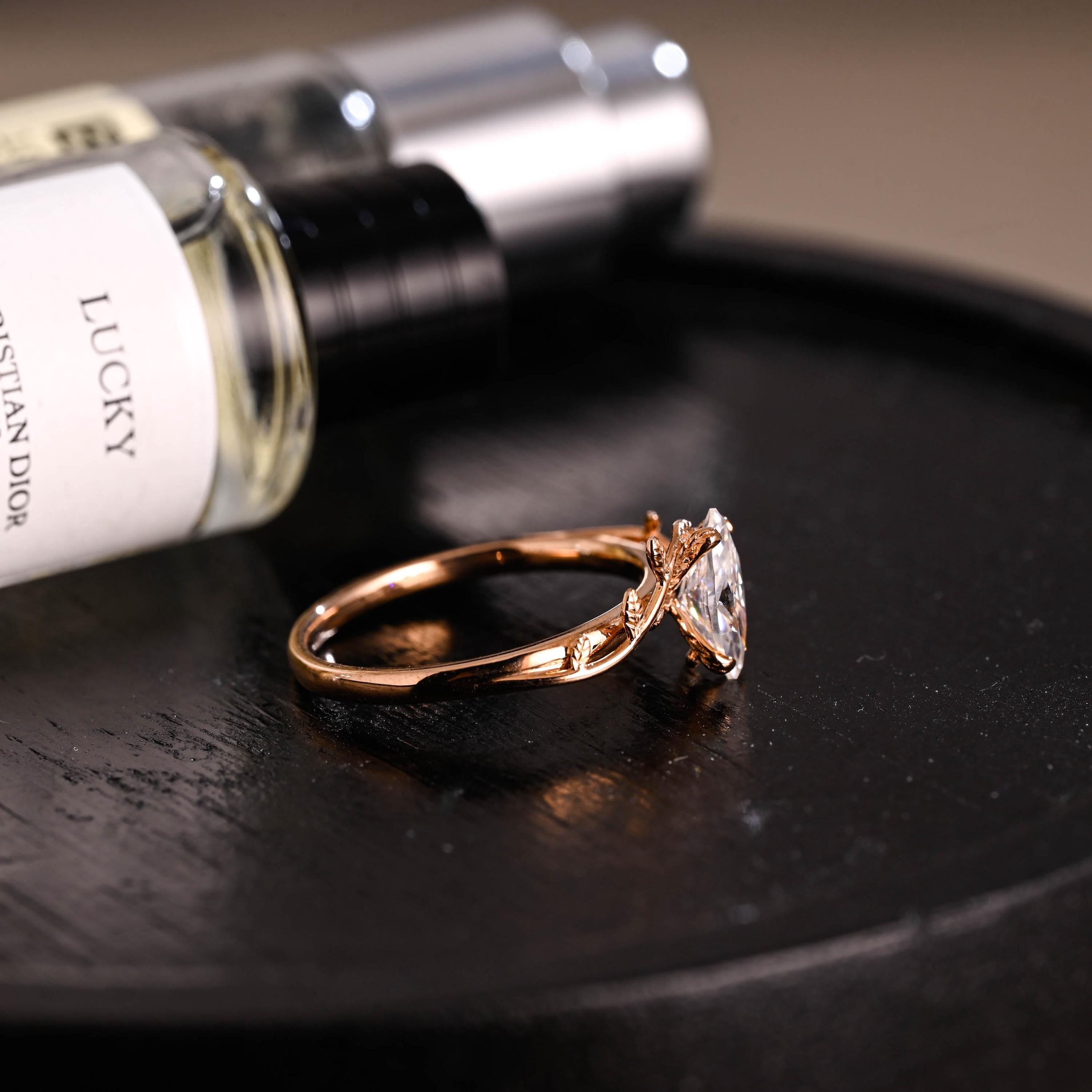 Solid Gold Leaf Marquise Moissanite Engagement Ring