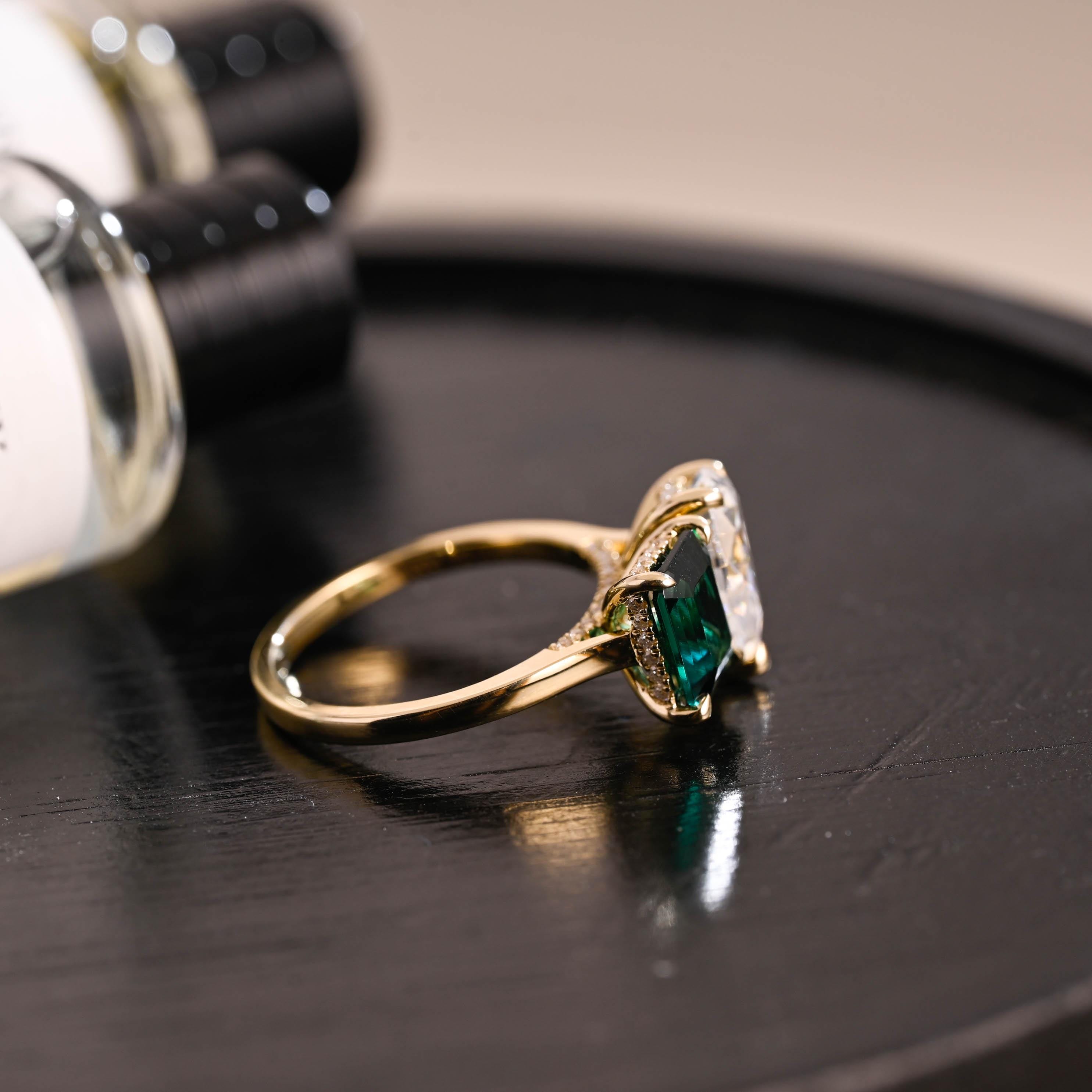 Solid Gold Lab Grown Emerald Toi et Moi Ring, Hidden Halo Memorial Two Stone Moissanite Engagement Ring
