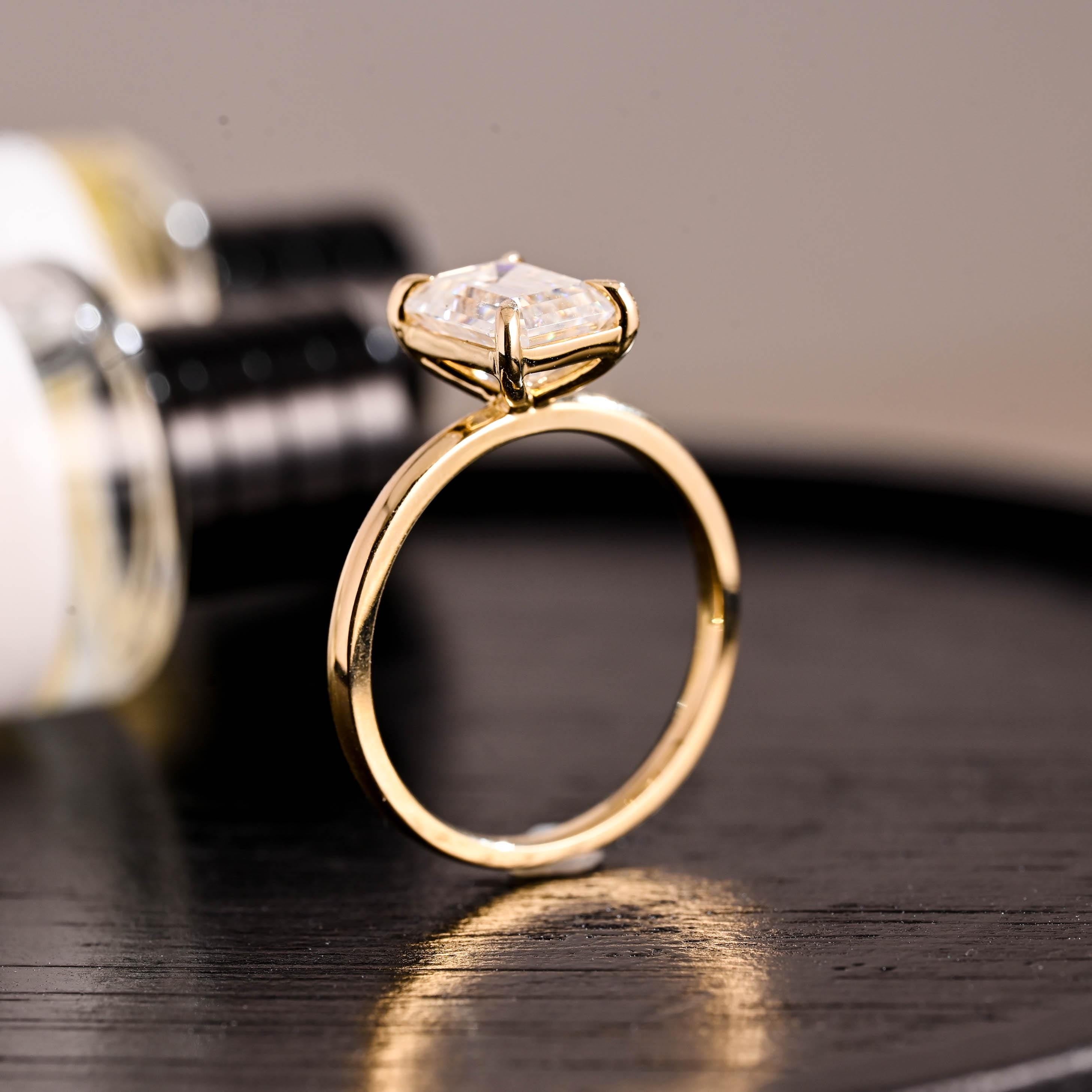 Solid Gold Solitaire Emerald Cut Moissanite Engagement Ring, Moissanite Promise Ring