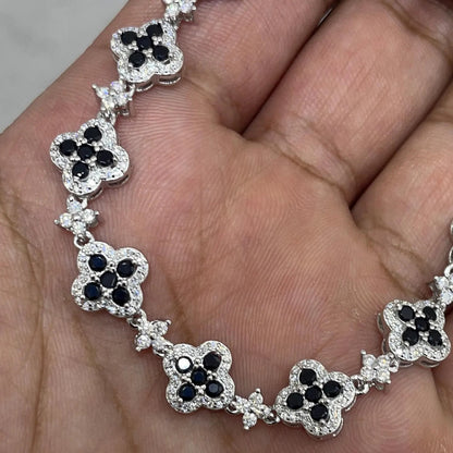 Moissanite Tennis Bracelet: Black Agate Clover, Sterling Silver, Iced Out Silver Bracelet, Diamond Bracelet, Black Clover Stone