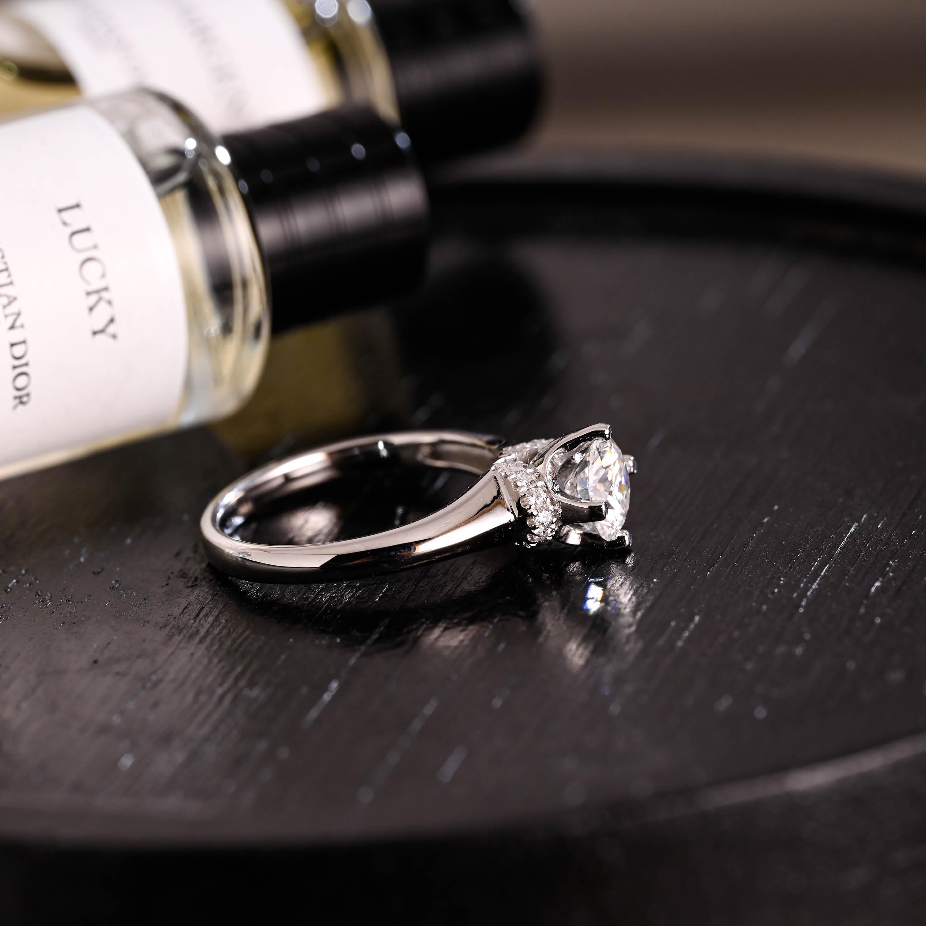Solid Gold Round Cut Moissanite Engagement Ring, Anniversary Gift Birthday Gift for Women Wife