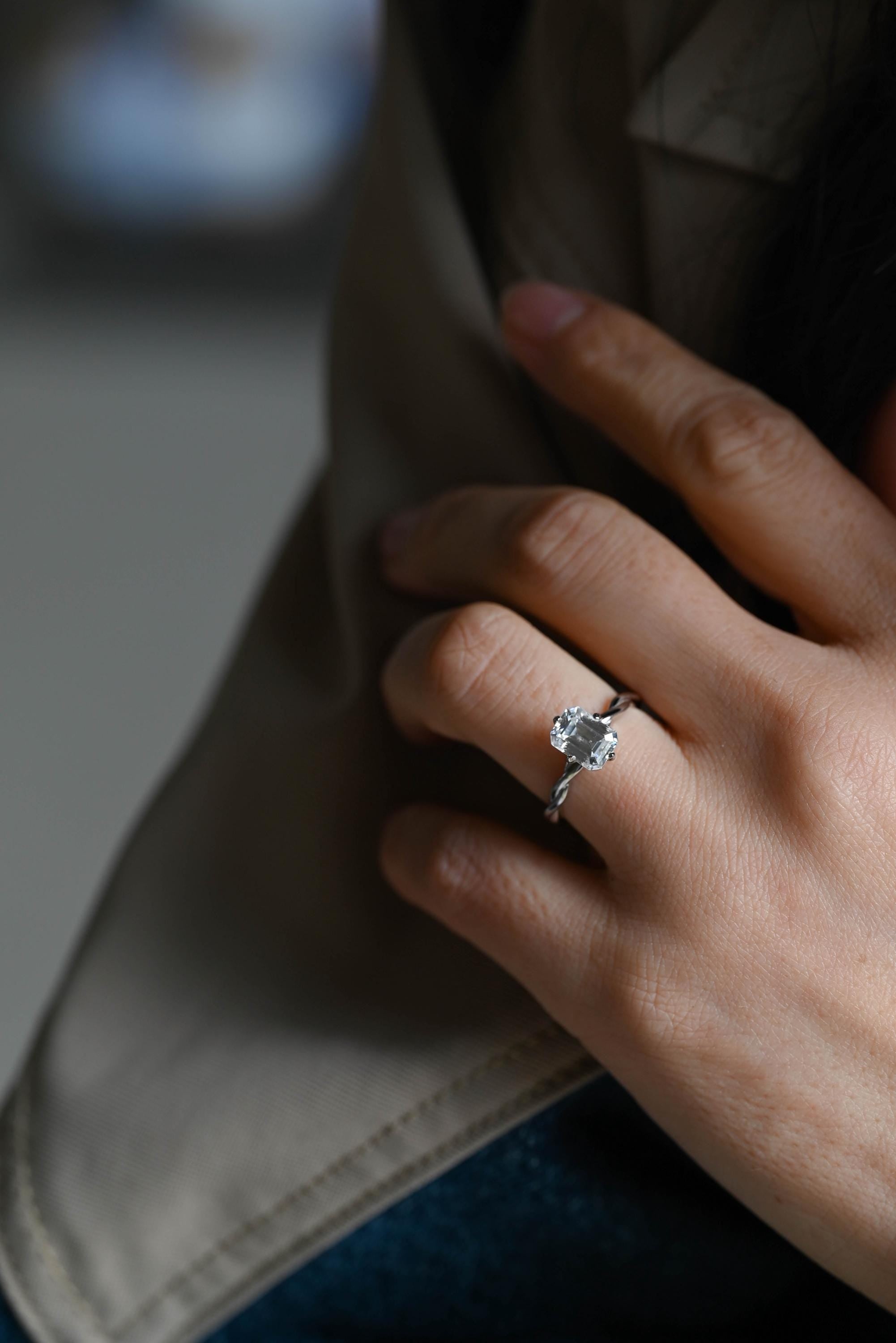 Solid Gold Emerald Cut Moissanite Engagement Ring, Proposal Ring, Promise Ring, Wedding Ring, Anniversary Gift Birthday Gift for Women Wife