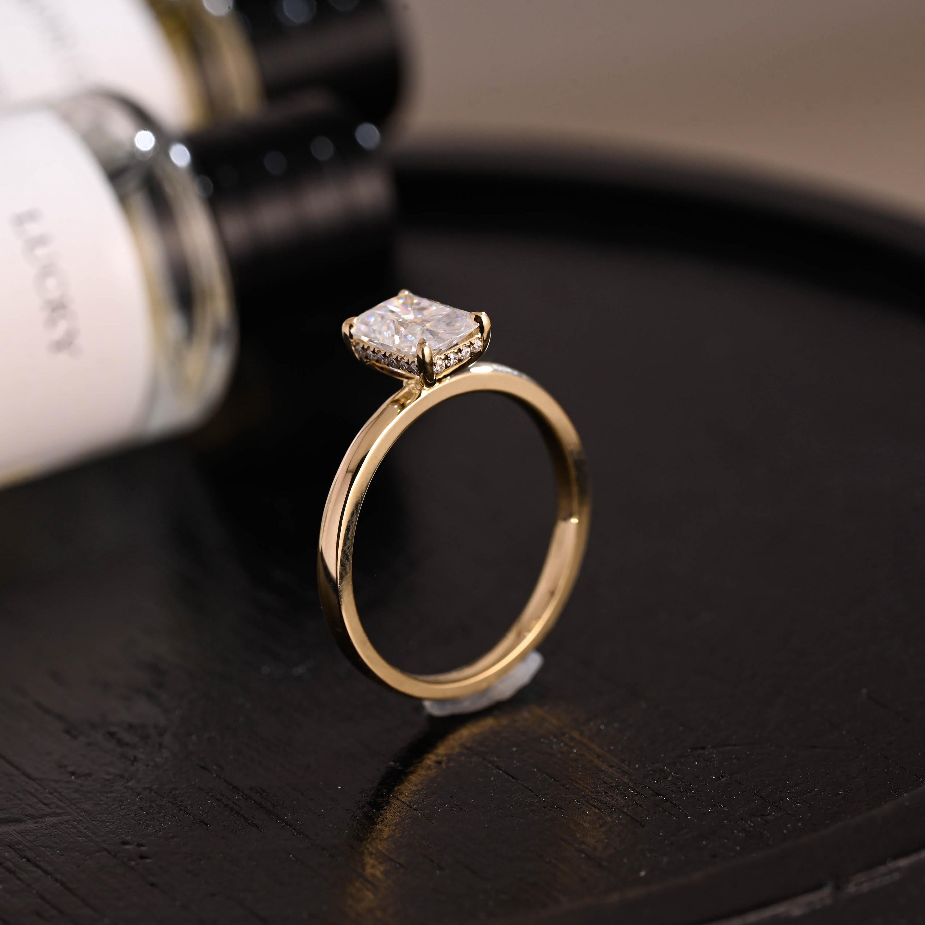 Solid Gold Hidden Halo Radiant Cut Moissanite Engagement Ring, Anniversary Ring for Her