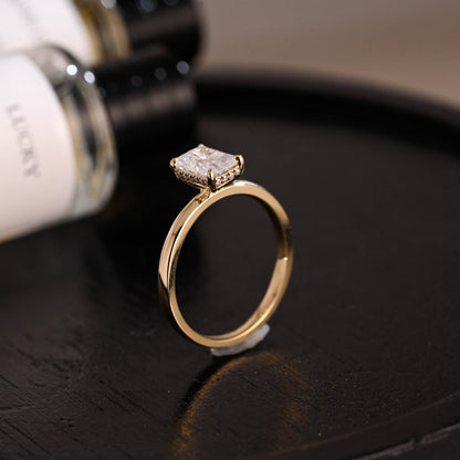 Solid Gold Hidden Halo Radiant Cut Moissanite Engagement Ring, Anniversary Ring for Her
