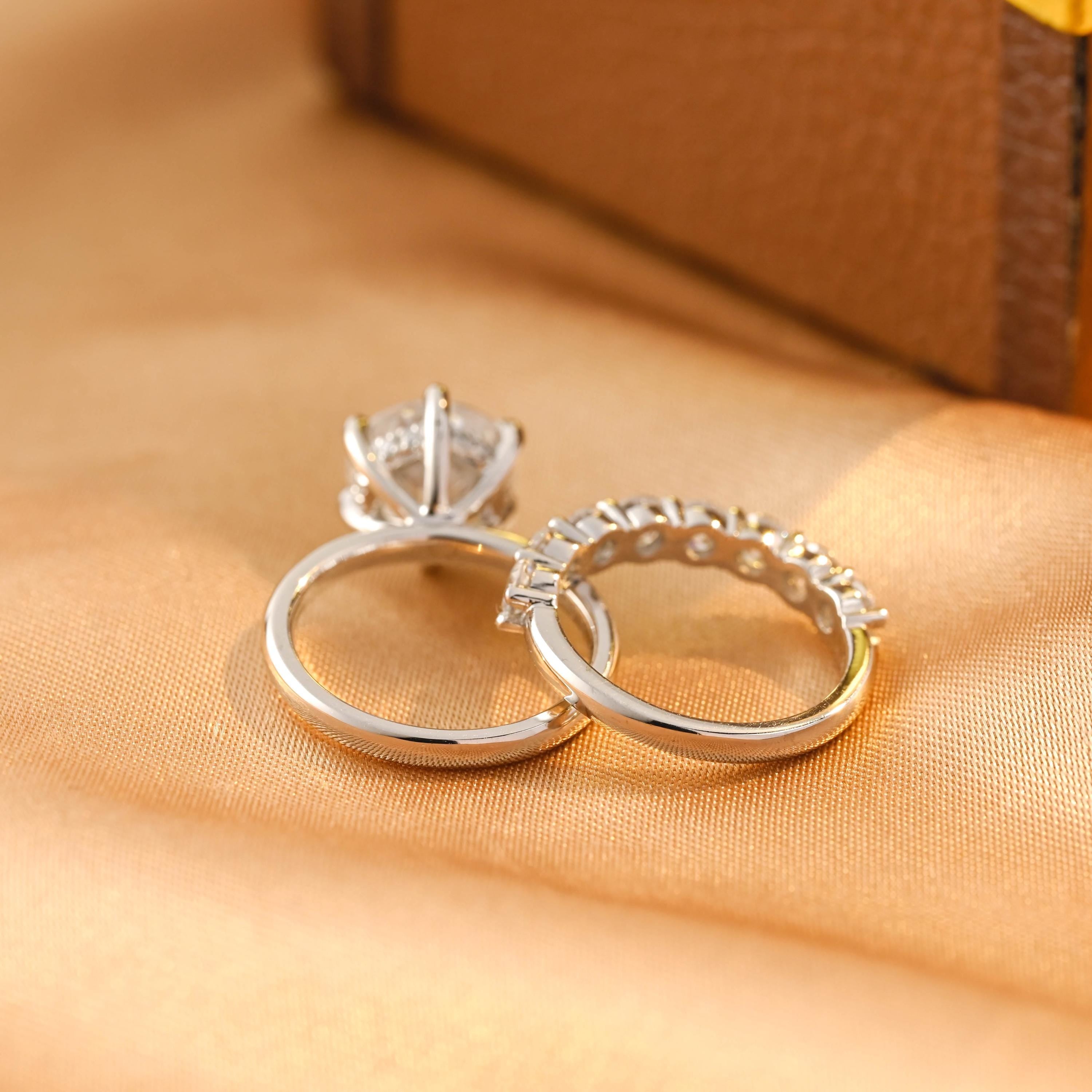 Solid Gold Hidden Halo Round Cut Moissanite Engagement Ring Set, Half Eternity Ring Bridal Set