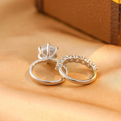 Solid Gold Hidden Halo Round Cut Moissanite Engagement Ring Set, Half Eternity Ring Bridal Set