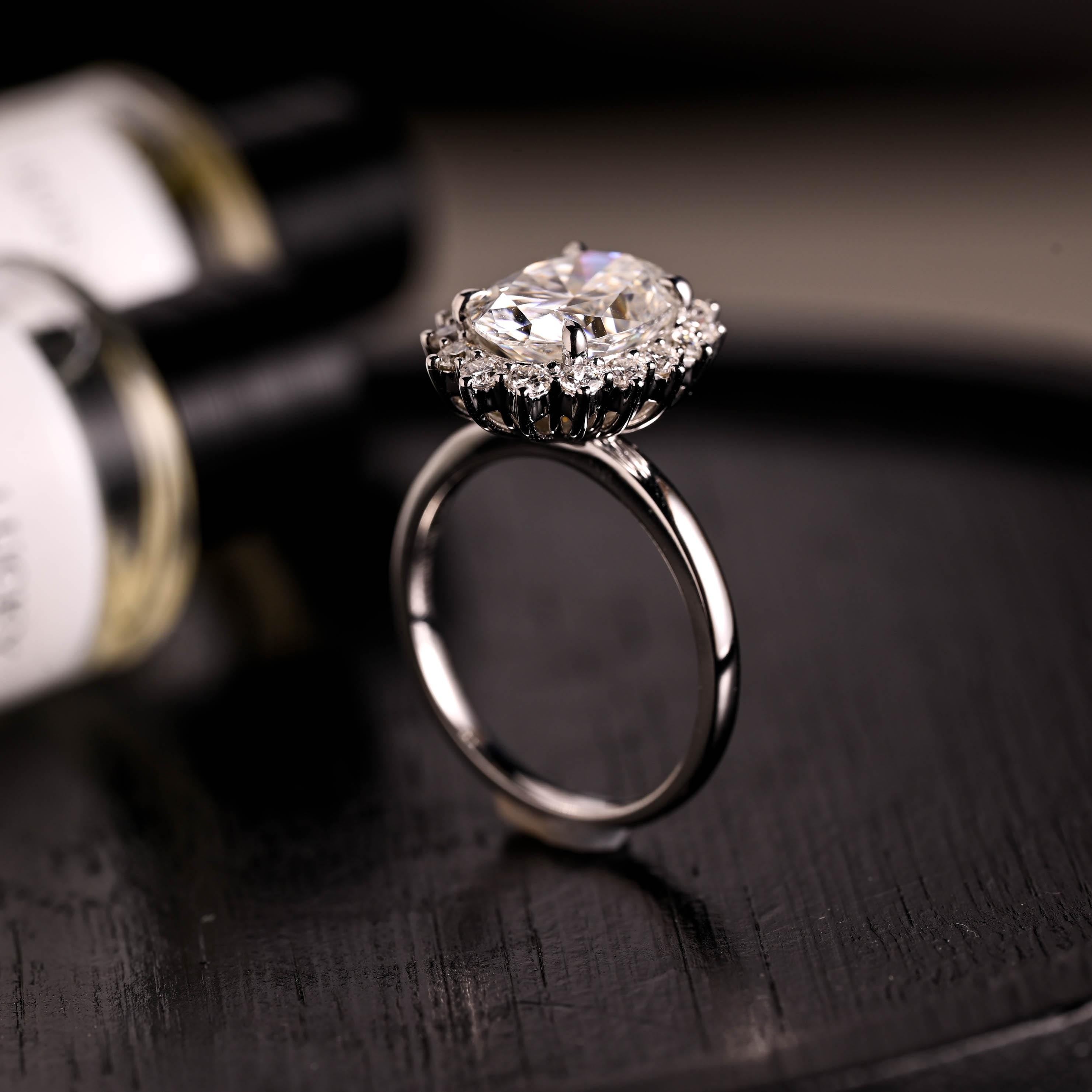 Solid Gold Starburst Oval Cut Moissanite Engagement Ring, Halo Wedding Ring