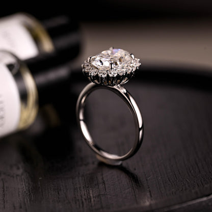 Solid Gold Starburst Oval Cut Moissanite Engagement Ring, Halo Wedding Ring