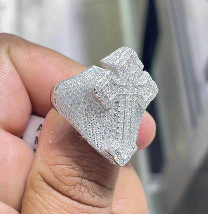 Iced Out Cross Ring: 7.6 CTW Moissanite, Sterling Silver