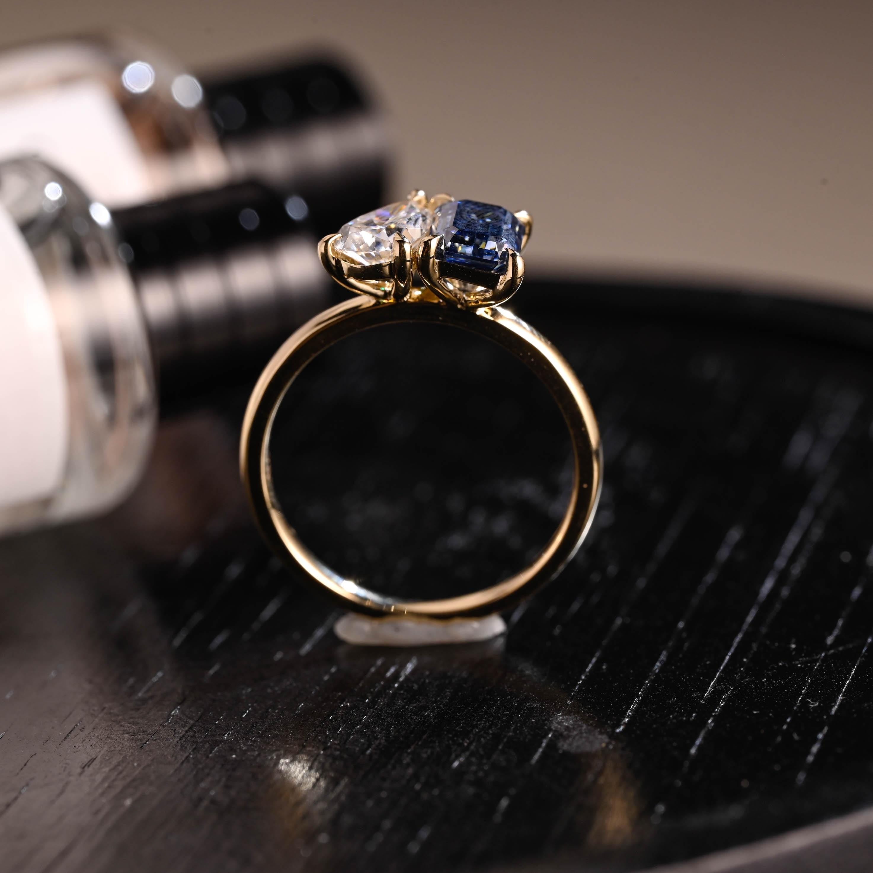 Solid Gold Toi et Moi Pear Moissanite Engagement Ring, Lab Grown Sapphire Two Stone Ring