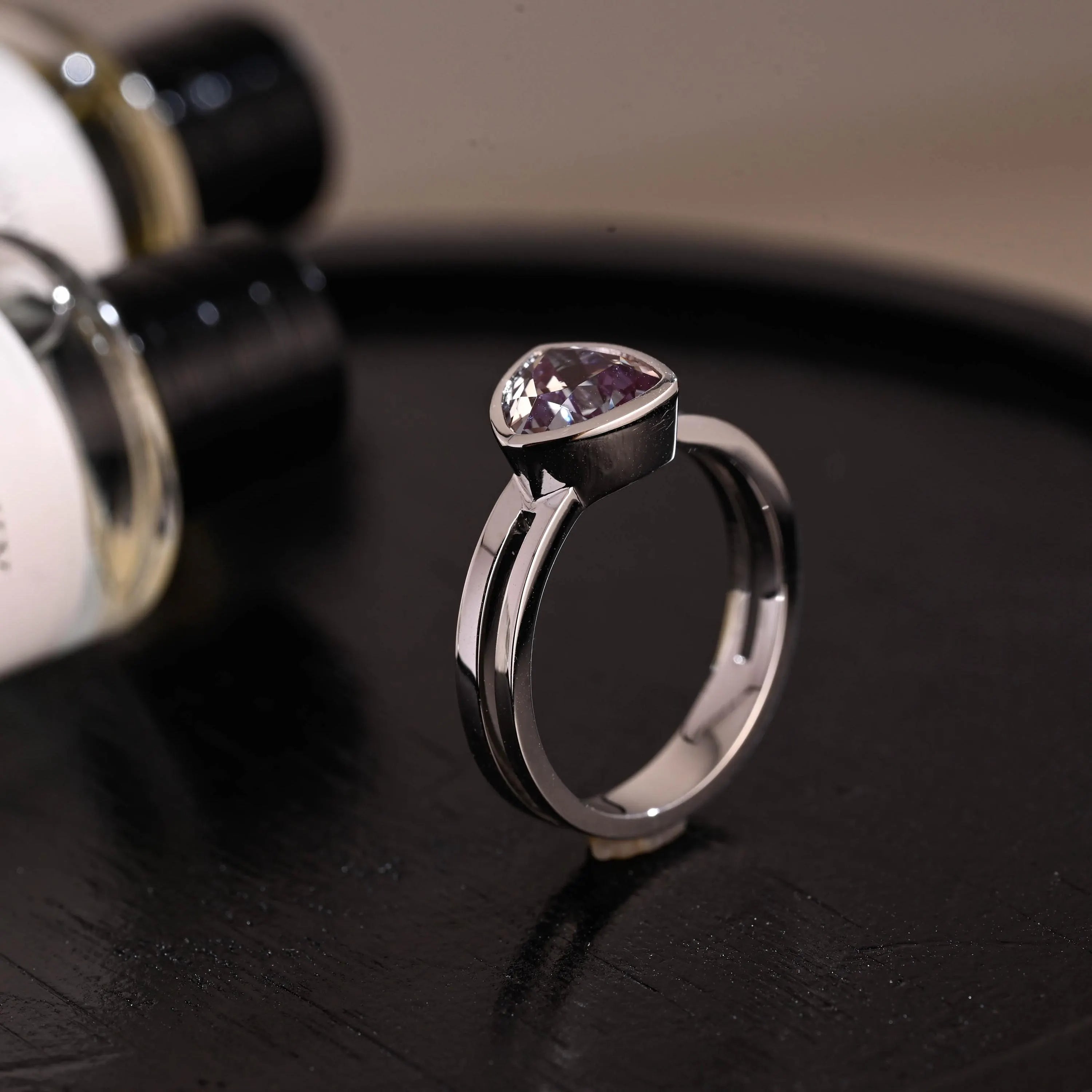 Purple Bezel Trilliant Cut Alexandrite Engagement Ring, Solid Gold Low Setting Anniversary Ring for Women Wife