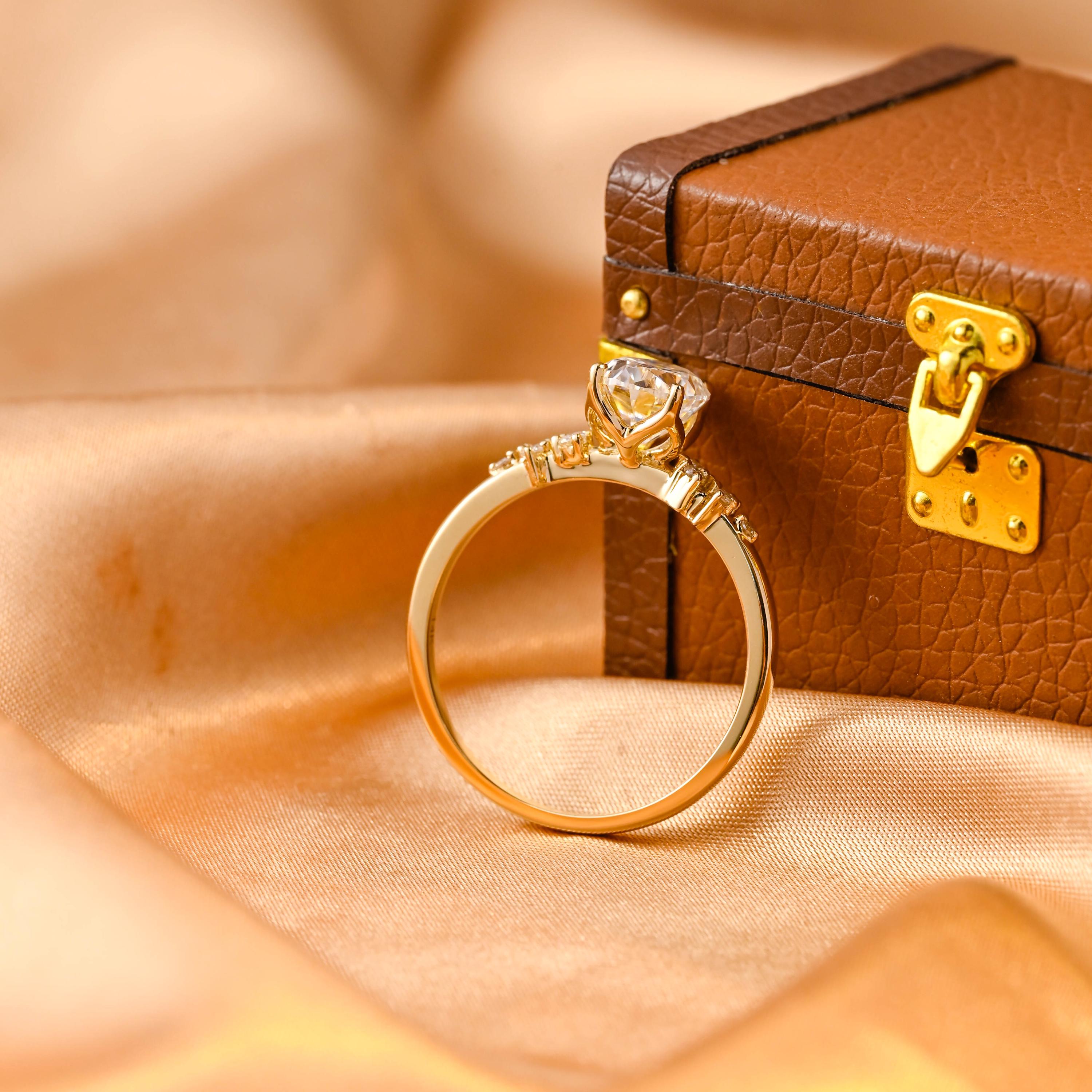 Solid Gold Tulip Setting Oval Cut Moissanite Engagement Ring, Side Cluster Wedding Ring