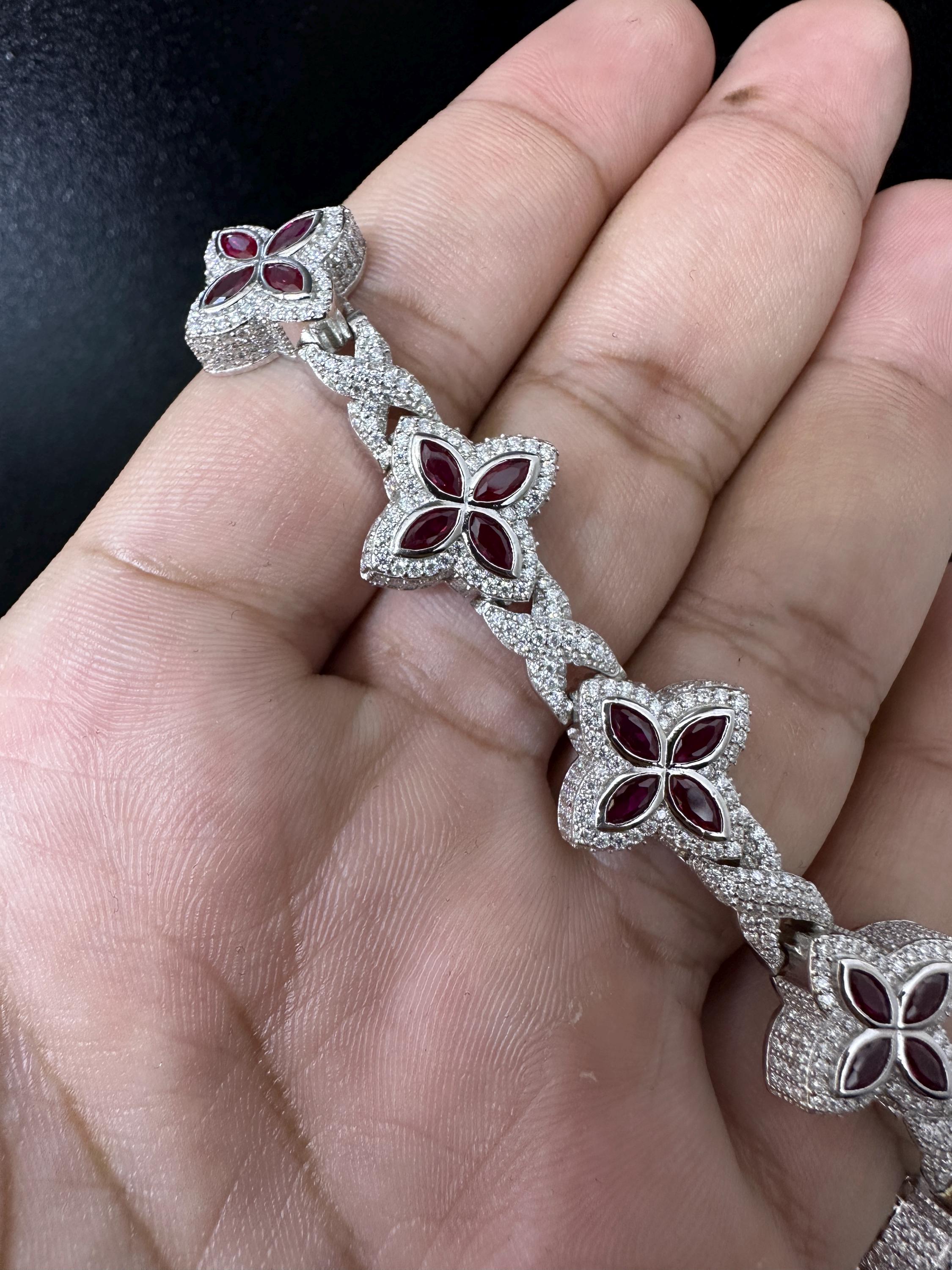 Iced Out Clover Bracelet: 925 Sterling Silver, Moissanite & Red Sapphire