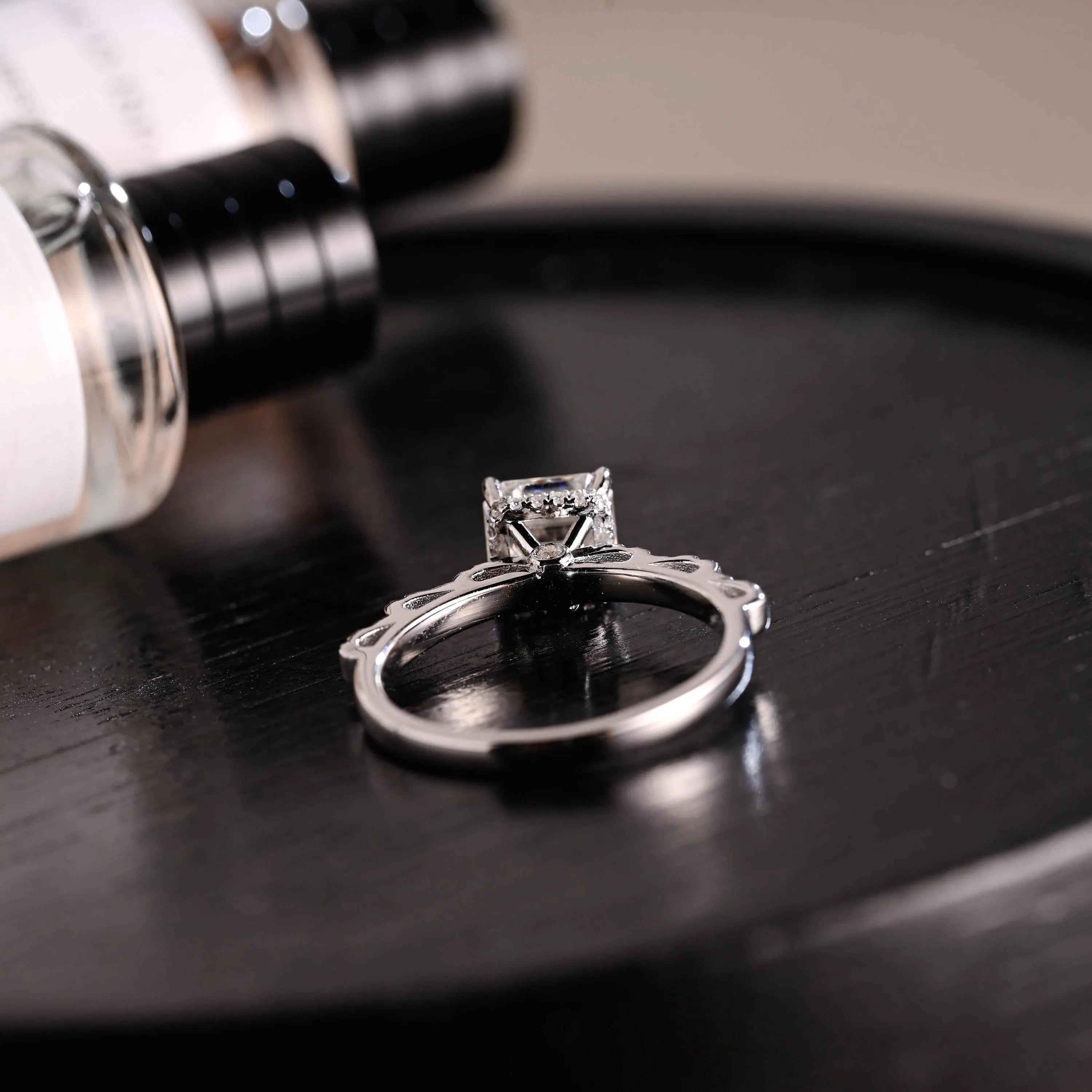 Solid Gold Hidden Halo Asscher Cut Moissanite Engagement Ring, Anniversary Gift for Women Wife