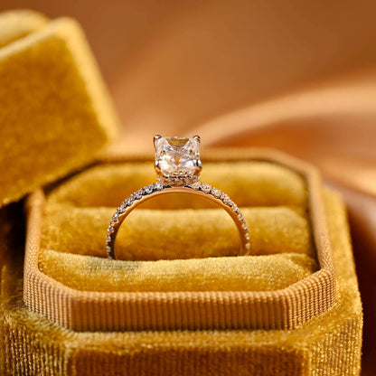 Solid Gold Radiant Cut Moissanite Engagement Ring, Hidden Halo Pave Ring