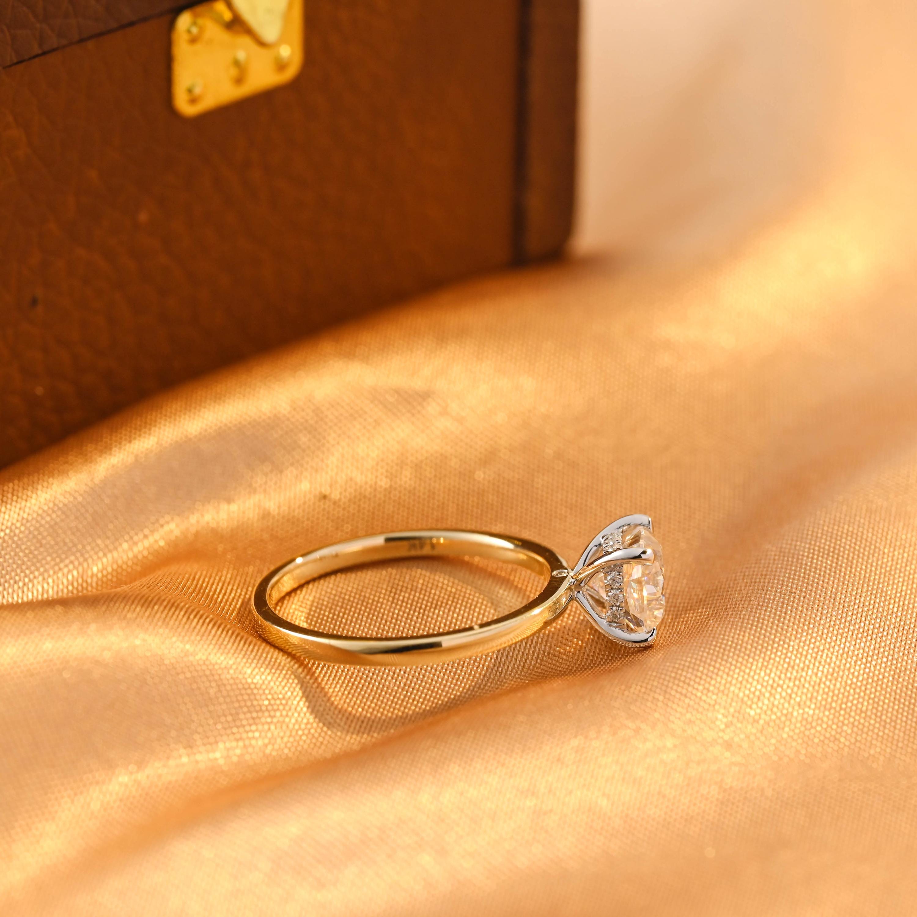 Two Tone Solid Gold Cushion Cut Moissanite Engagement Ring, Hidden Halo 4 Prongs Anniversary Ring
