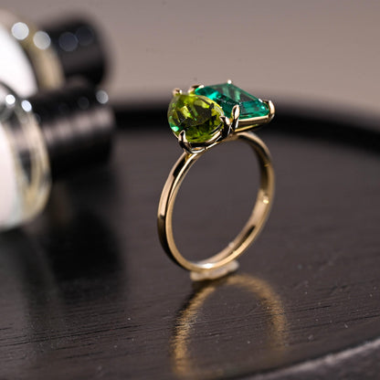 Solid Gold Toi et Moi Ring, Pear Cut Peridot & Lab Grown Emerald Engagement Ring